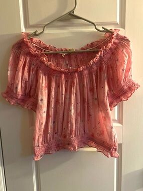 LoveShackFancy Rosalinda Crop Top Coral Blaze Pink Floral Smocked S